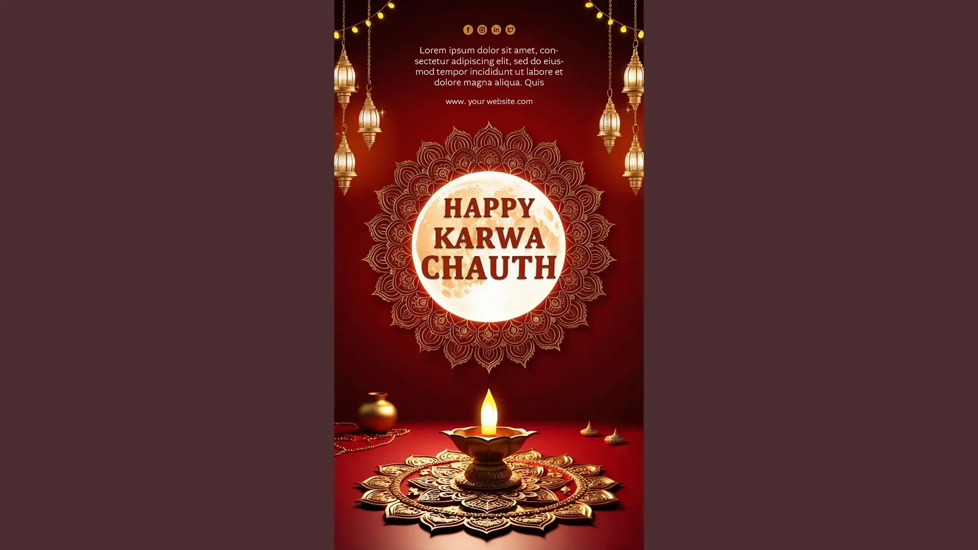 Royal Red Karwa Chauth Instagram Story Card with Diya and Moon